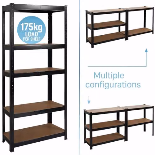 House of Home 5 Tier Heavy Duty Metal Storage Rack, Black, W/D/H: 70 x 30 x 150 cm – 5