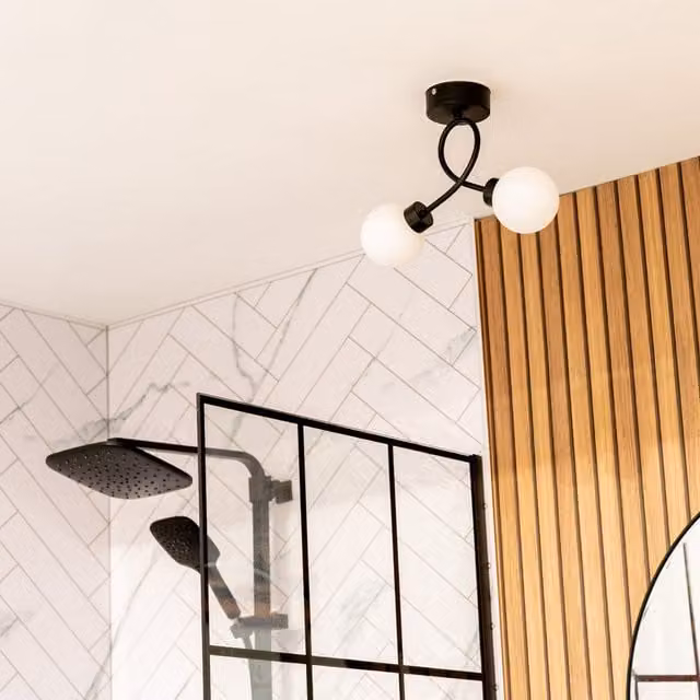 Orbital 2 Way Twist IP44 Bathroom Ceiling Light with Glass Globe Shade in Matte Black