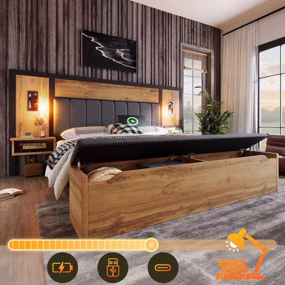 Merax Oak King Upholstered Bed in Grey with Lift-Up Storage, Integrated Reading Lights, Bedside Shelf and USB Charging Port, W/D/H: 150 x 200 cm – 5