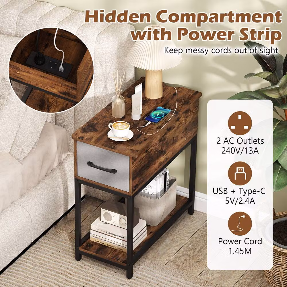 Costway Industrial Narrow Side Table with Charging Station and Drawer in Brown – 4