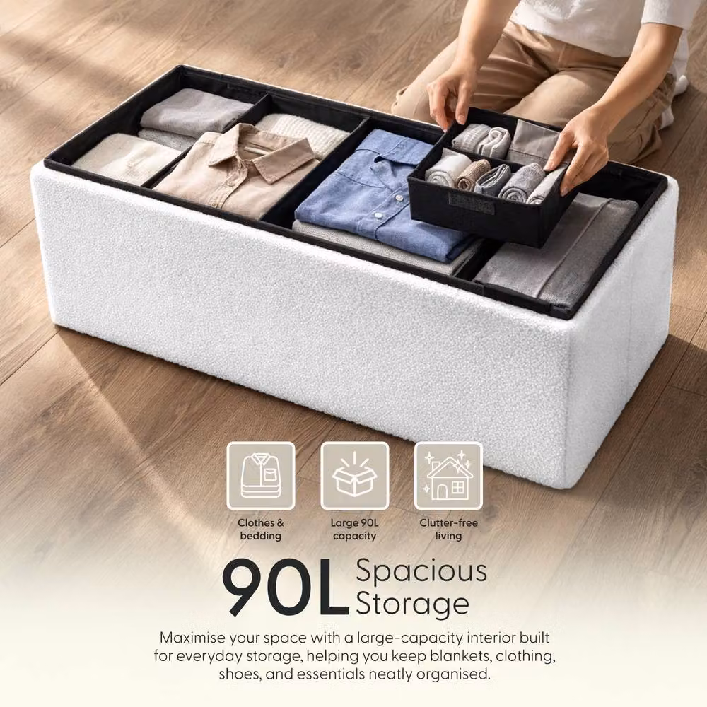 Keplin White Bouclé Folding Storage Ottoman Bench, W/D/H: 76 x 38 x 38 cm – 3