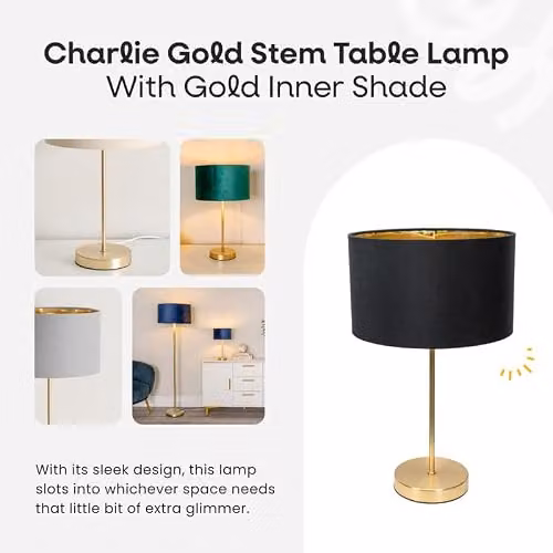 ValueLights Charlie Gold Stem Table Lamp with Blue Velvet and Gold Inner Shade – 2