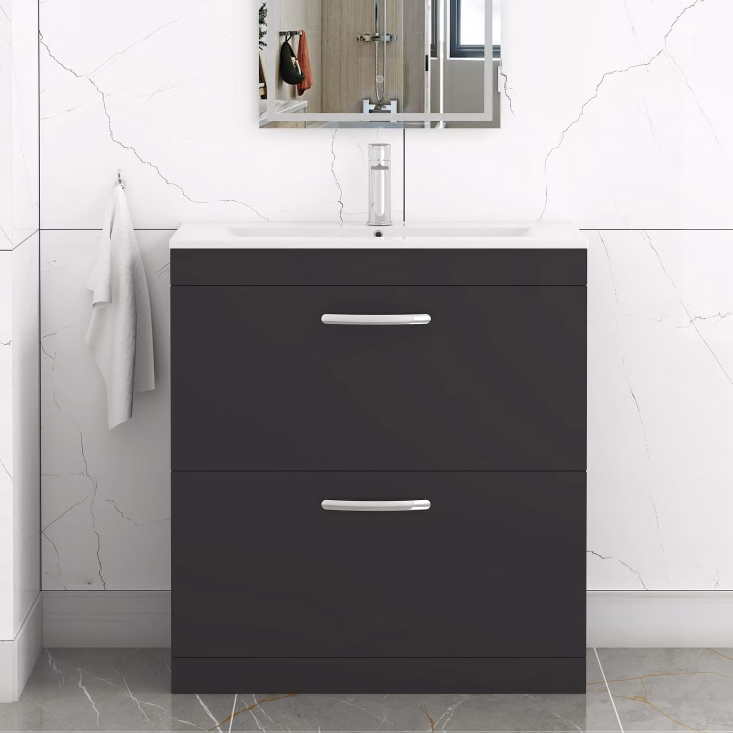 Royal Bathrooms Turin 800mm Matt Black Floor Standing 2 Drawer Vanity Unit with Minimalist Basin