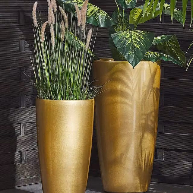 Wyld and Coco Set of 2 Tall Round Gold High-Gloss Plant Pots, Diameter: 32 cm, Height: 58 cm