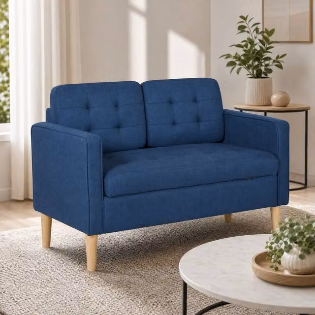 STILVORA Blue Cotton Upholstered Sofa with Storage and Pull Out Drawer – 1
