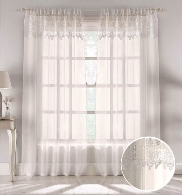 Tyrone Textiles Pair of White Sheer Voile Fabric Panels with Tab Top and Boho Macrame Design, Width: 137 cm