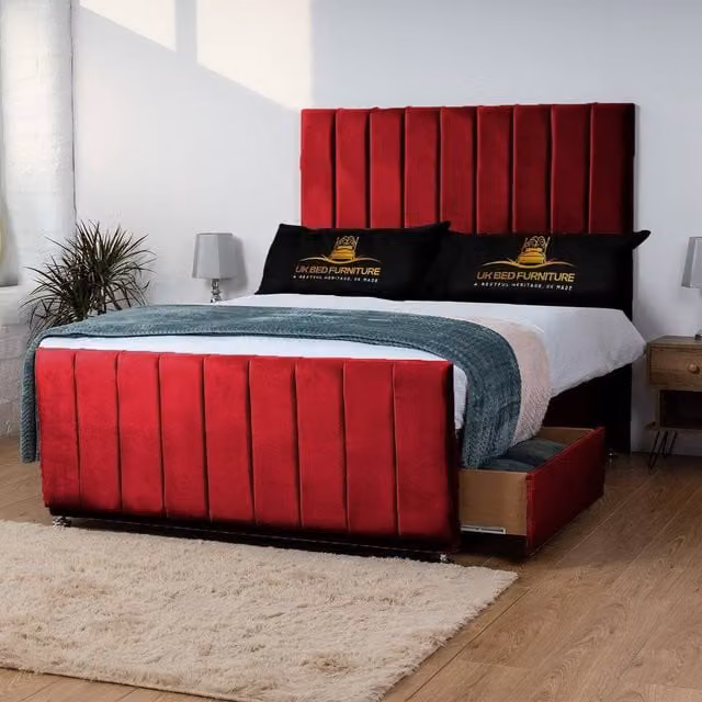 UK Bed Furniture Hampton Divan Bed with 4 Drawers and 26 Inch Headboard in Red Velvet, W/D/H: 120 x 200 x 66.04 cm