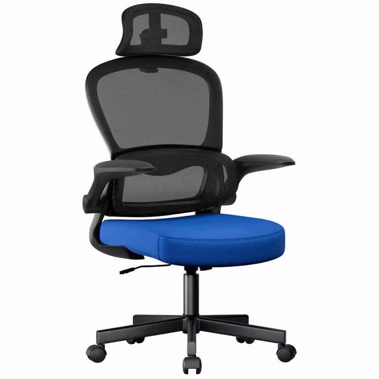 DHS Ergonomic Modern Fabric Home Office Chair with Headrest, Armrests and Castors in Blue and Black