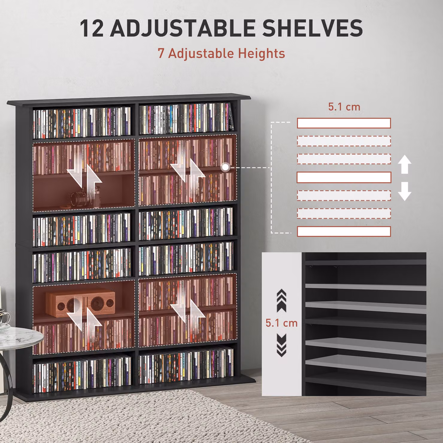 HOMCOM Black Media Storage Unit with Adjustable Shelves and Media Compartments – 5