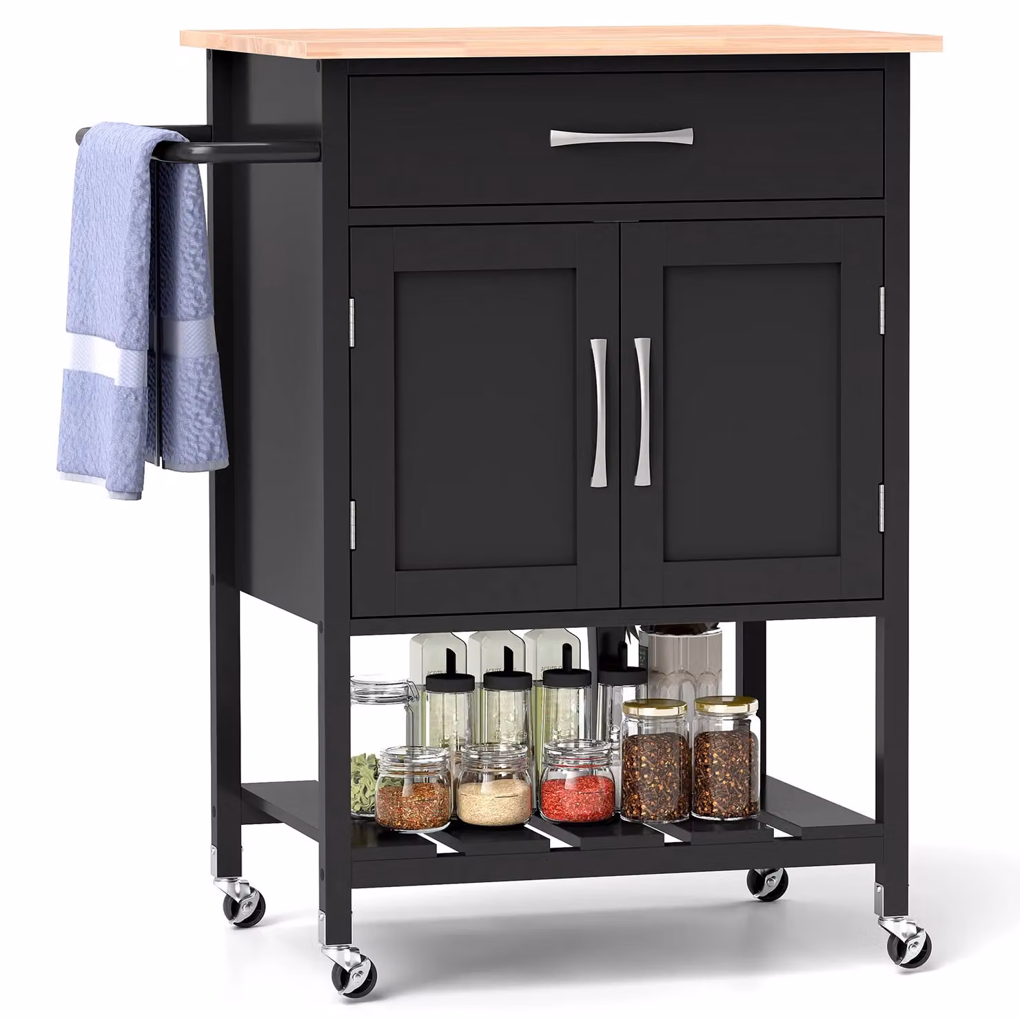 Costway Rolling Kitchen Island Mobile Serving Cart with Drawer and 2 Door Storage Cabinet in Black – 2