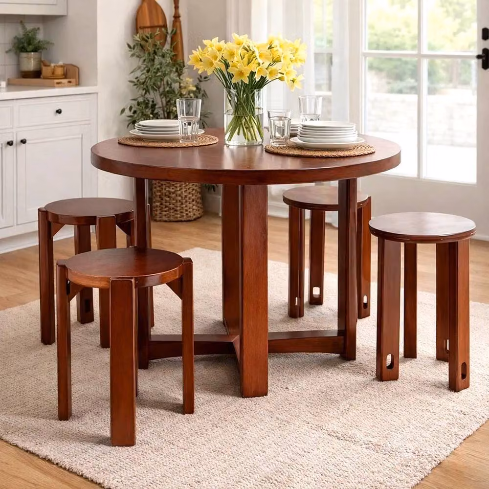 FORGEVIO Set of 4 Stackable Round Nesting Stools in Brown Solid Wood – 4