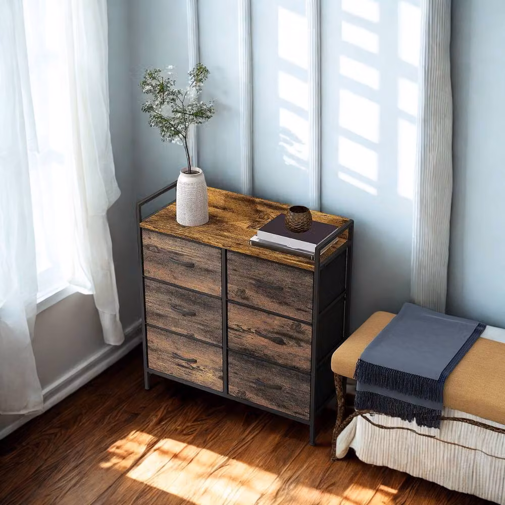 FURNOS Industrial 6 Drawer Chest Storage Unit with Shelf, Brown – 2