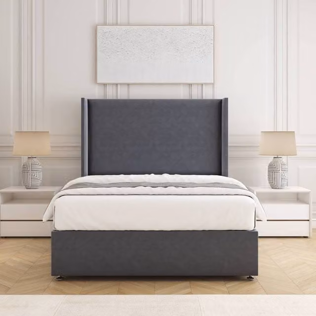 BSSPOKE Austin Divan Bed Set with 54 inch Plush Velvet Headboard and Mattress in Charcoal Grey, W/D/H: 90 x 190 cm