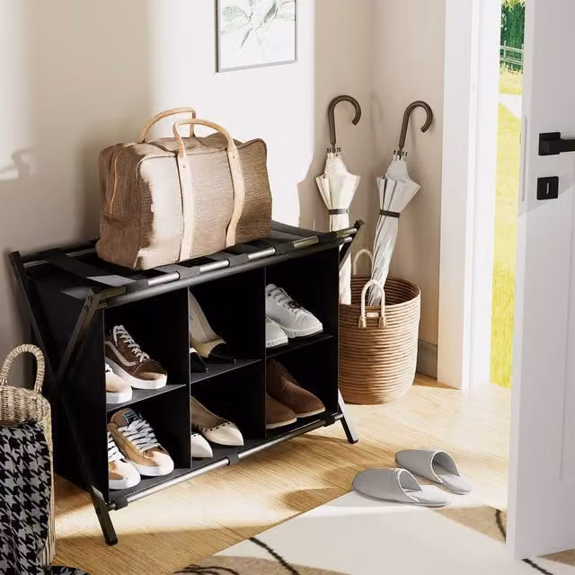 Huhote Black 6 Cube Storage Shelves and Luggage Rack