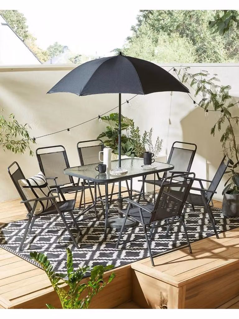 Santa Cruz 8-Piece Black Outdoor Garden Furniture Set with Glass Table and Textilene Seating