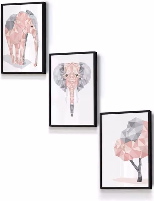 ARTZE Geometric Elephant Set Framed Wall Art in Pink, Grey and Black, W: 33 cm, H: 45 cm, D: 2 cm