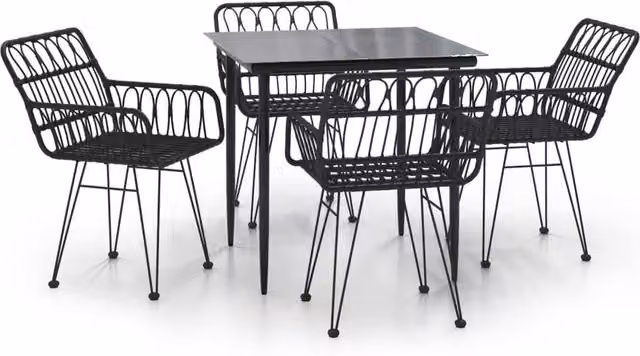 Berkfield Home 5 Piece Black Poly Rattan Garden Dining Set with Glass Top