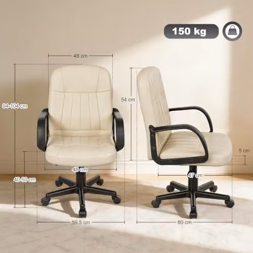 HOMCOM Swivel Executive Office Chair for Adults in Cream White Faux Leather with Armrests and Castors – 5