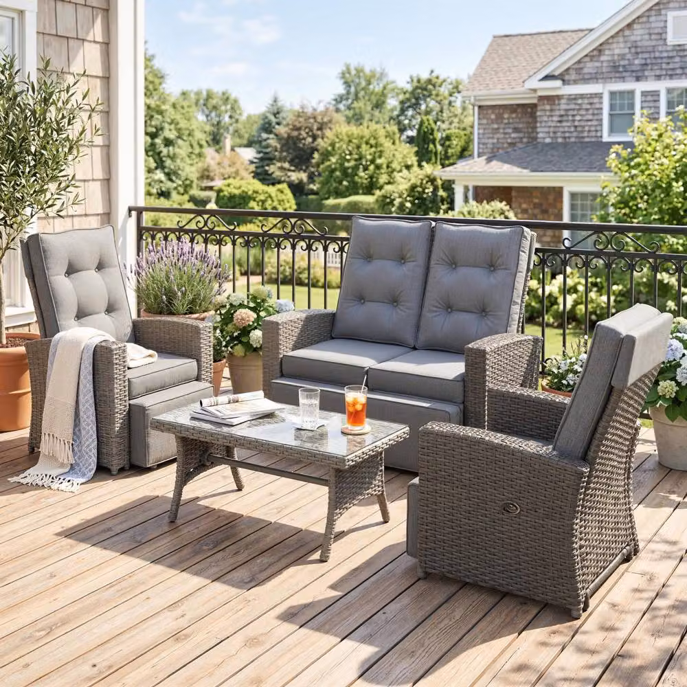 ERGOVEXA 4 Piece Grey Polyrattan Garden Furniture Set with Upholstered Cushions and Metal Frame – 4