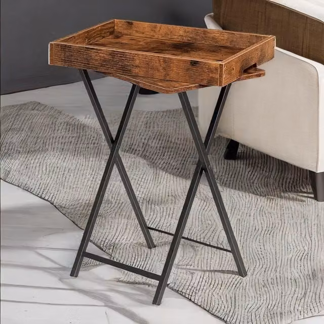 Rafaelo Mobilia Brown Folding TV Tray Table with Wood and Metal X-Frame Design