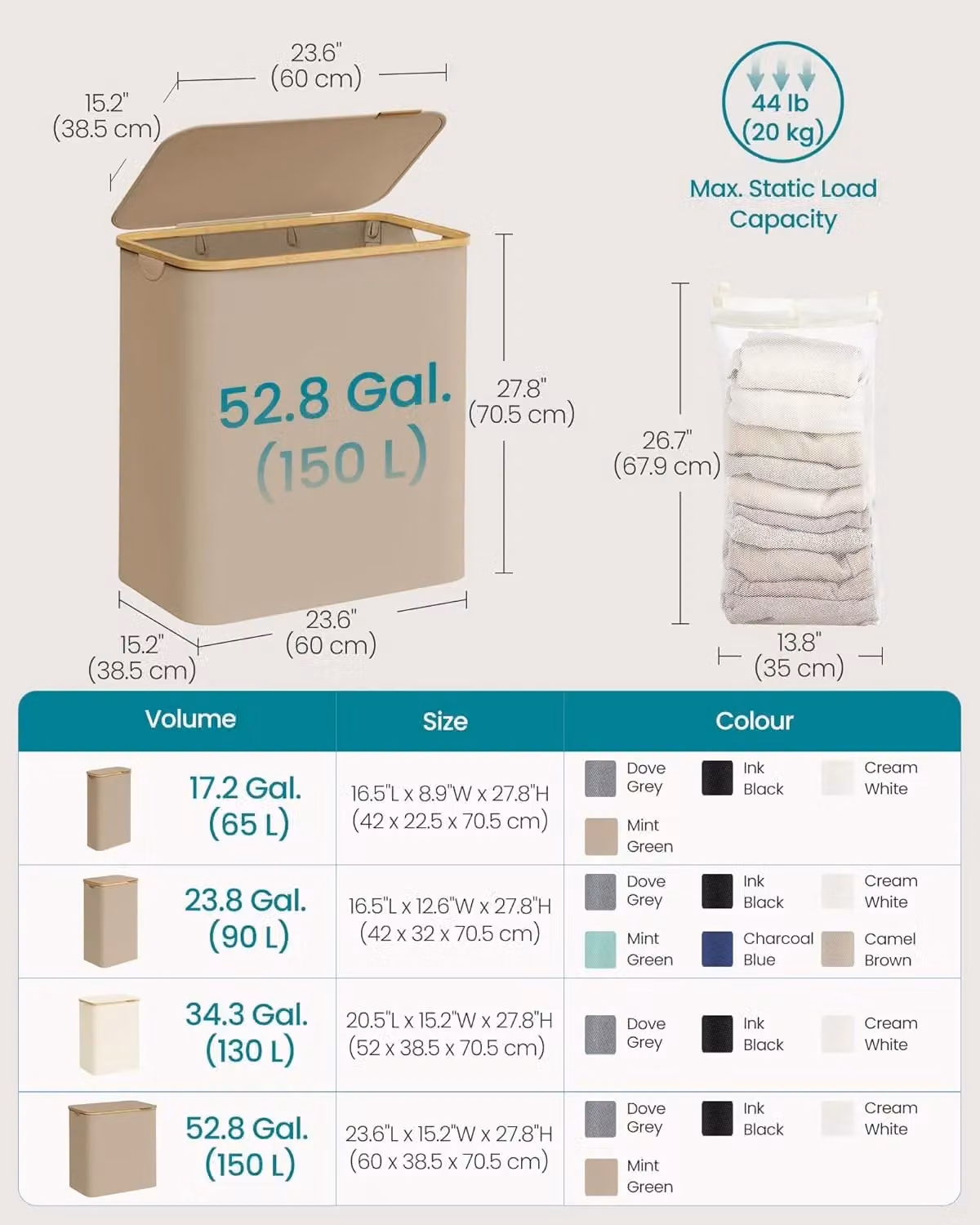 SONGMICS Extra Large 3-Section Collapsible Laundry Hamper with Bamboo Handles, Beige, W/D/H: 120 x 70.5 x 60 cm – 2