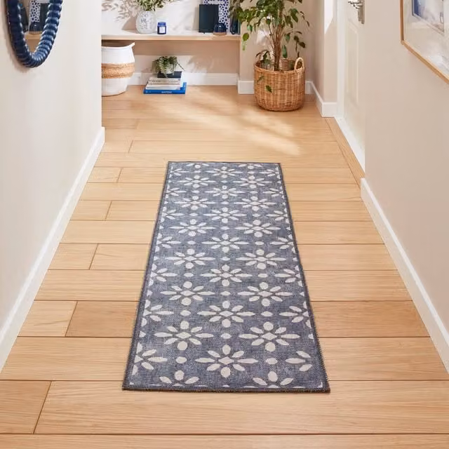 Terrys Blue Geometric Modern Flat Weave Rectangular Polyester Easy Care Runner