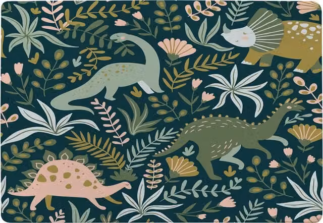 Benjamin Tate Design LTD Hand Drawn Dinosaurs and Tropical Leaves and Flowers Designer Wool Rug in Green, W: 150 cm