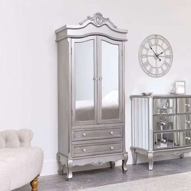 Melody Maison Tiffany Range Silver Mirrored Closet with Hinged Doors and Integrated Drawers