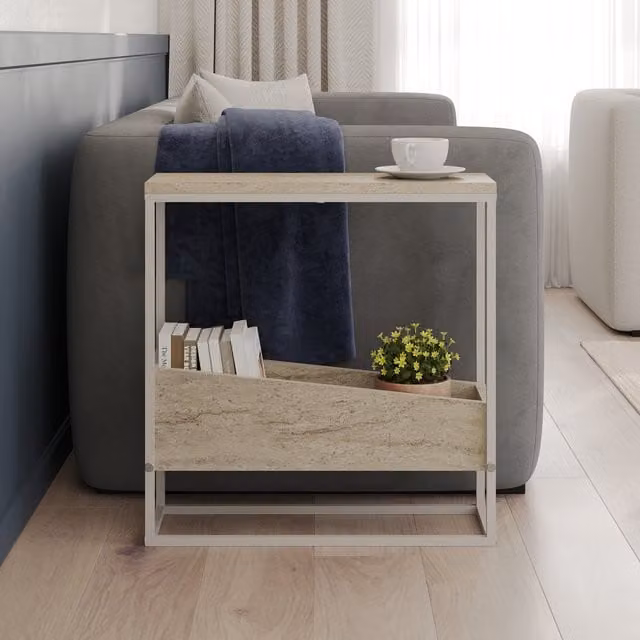 Decortie Lido End Table with Angled Open Storage in Beige Travertine