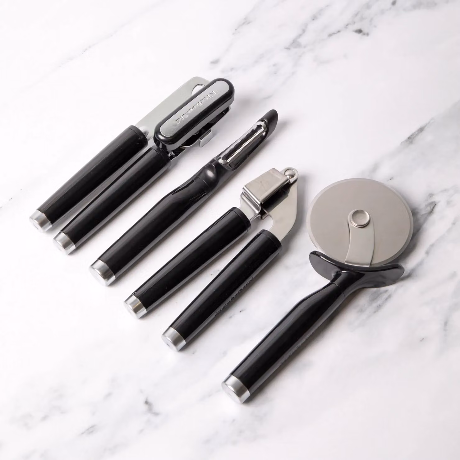KitchenAid 4-Piece Onyx Black Stainless Steel Utensil Set including Multi-Function Can Opener, Pizza Wheel, Garlic Press and Euro Peeler – 2