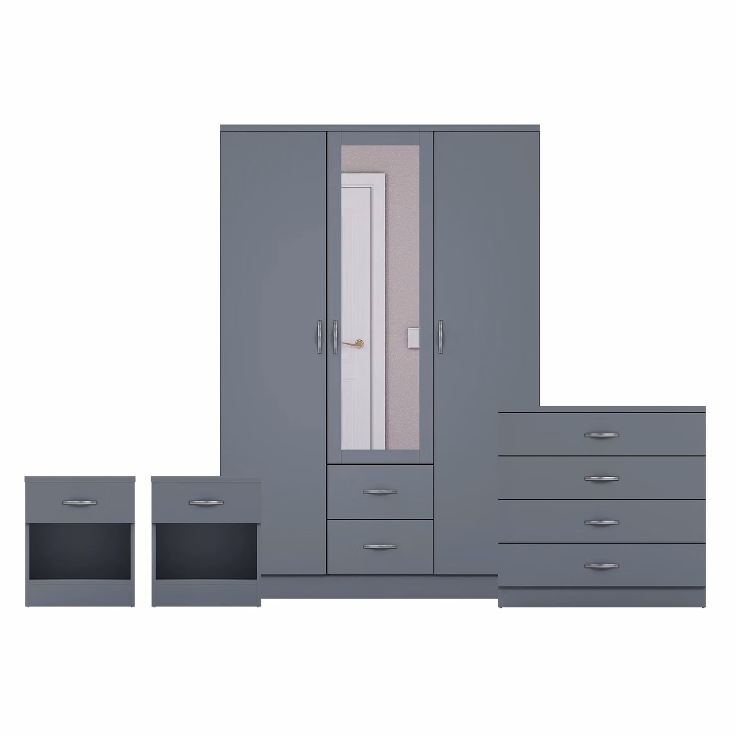 Vida Designs 4 Piece Modern Grey Bedroom Set Including 2 Bedside Tables, 4 Drawer Chest and Mirror Wardrobe – 2