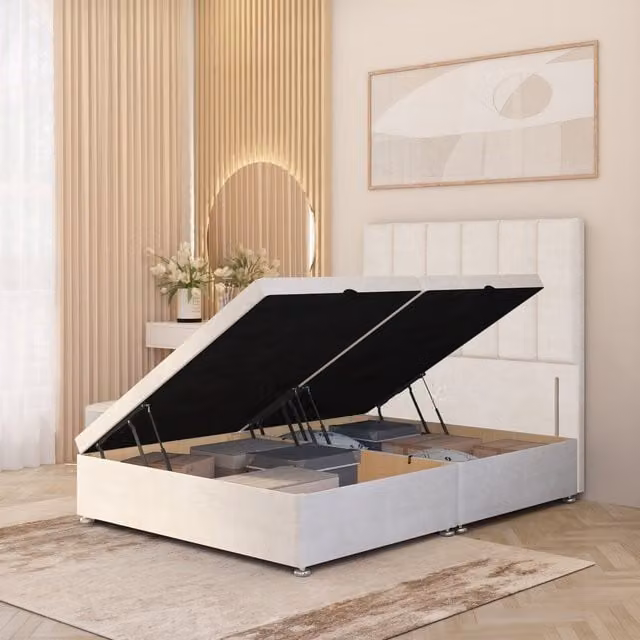 Somnior Beds Ltd Austin Plush Velvet Solid Wood Ottoman Bed with Floor Standing Headboard, Ivory, W/D/H: 90 x 190 x 92 cm