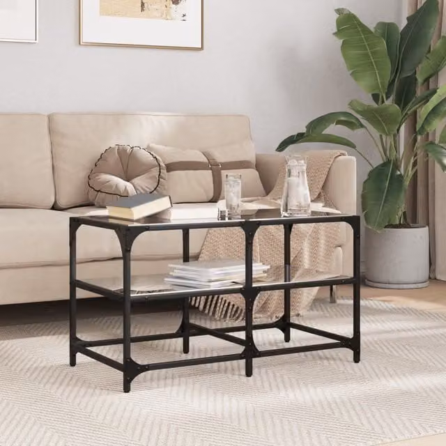 Berkfield Home Industrial Coffee Table with Black Glossy Glass Top and Steel Frame, W: 78.5 cm, D: 40 cm, H: 45 cm – 1