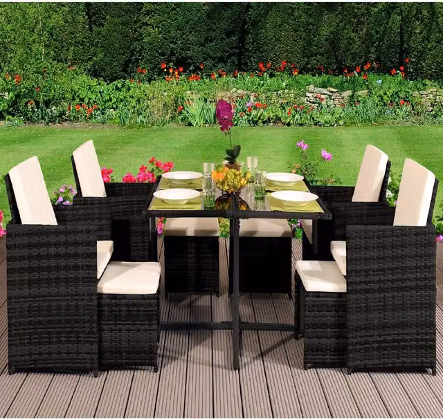 Comfy Living 9 Piece Modern Black Cube Rattan Garden Furniture Set with Cover
