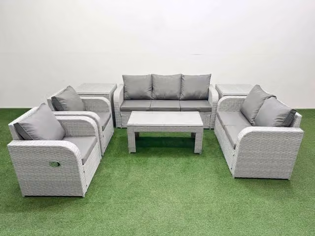 Fimous PE Rattan Garden Furniture Set in Light Grey with Adjustable Sofa, Double Love Seat, Rectangular Coffee Table and 2 Side Tables