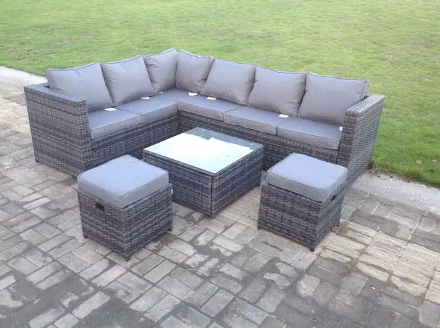 Fimous 8 Seater Rattan Corner Sofa Set with Square Coffee Table and Footstools in Dark Grey