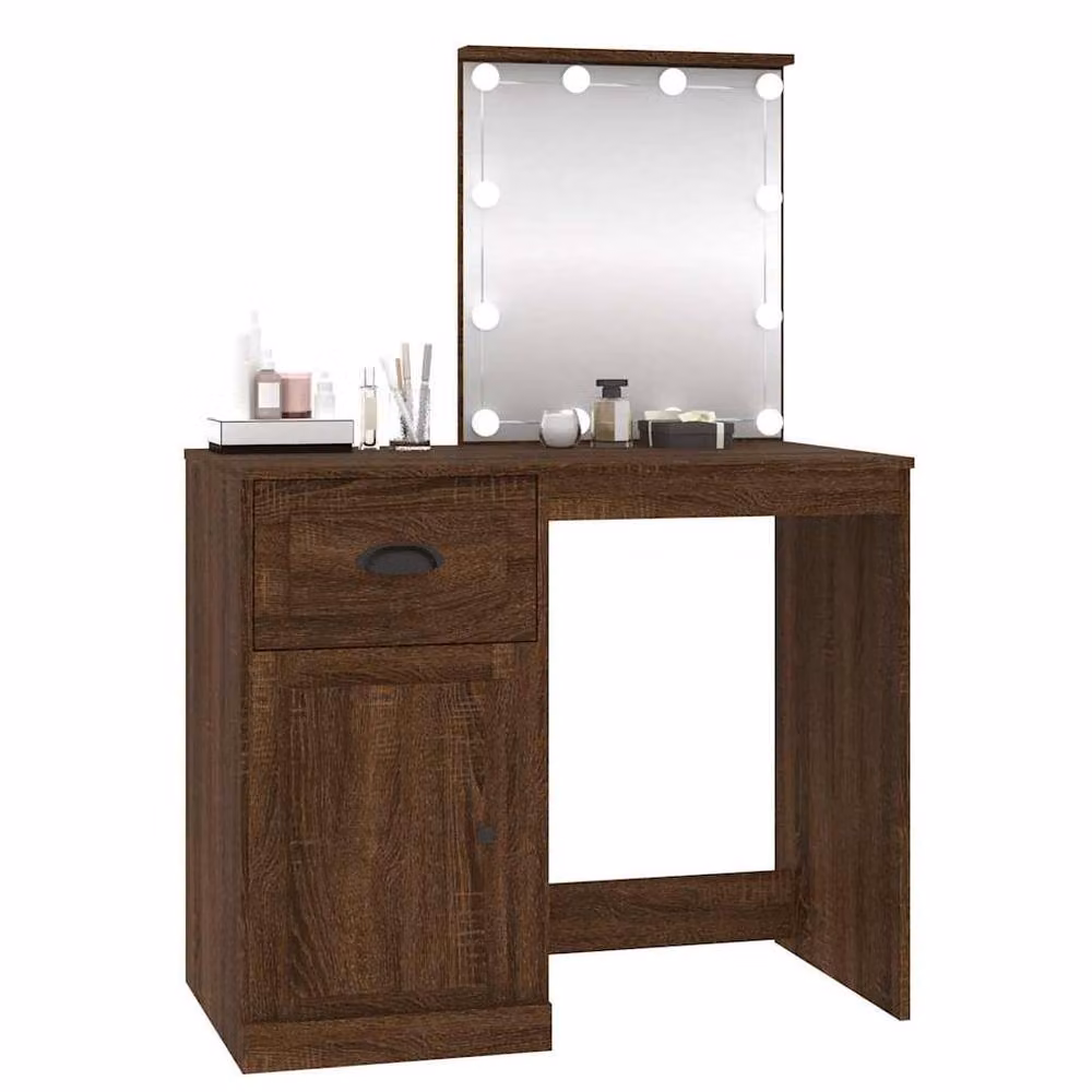 Berkfield Home White and Brown Oak Dressing Table with Hollywood LED, W/D/H: 90 x 50 x 132.5 cm – 2