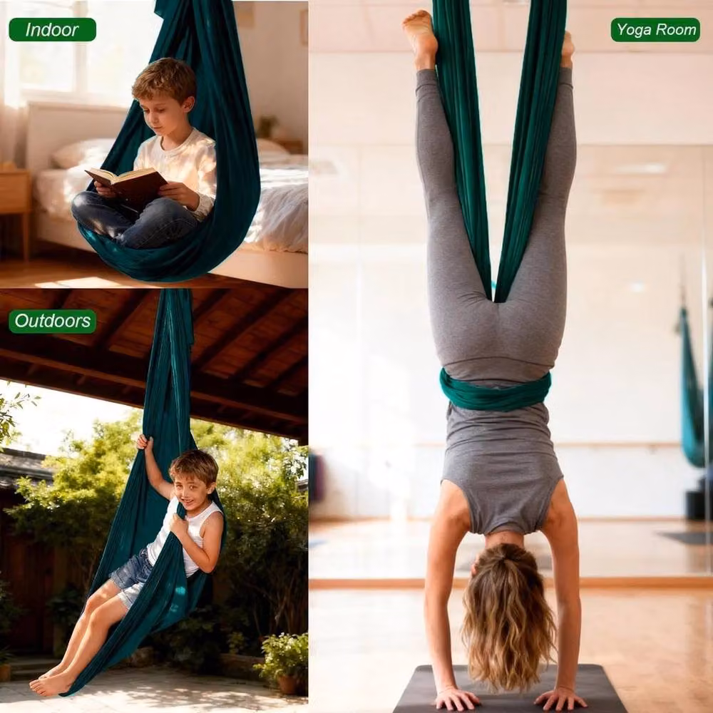 NESTLUNE Aerial Yoga Hammock Set with Fittings in Dark Green, W: 100 cm, D: 15 cm – 5