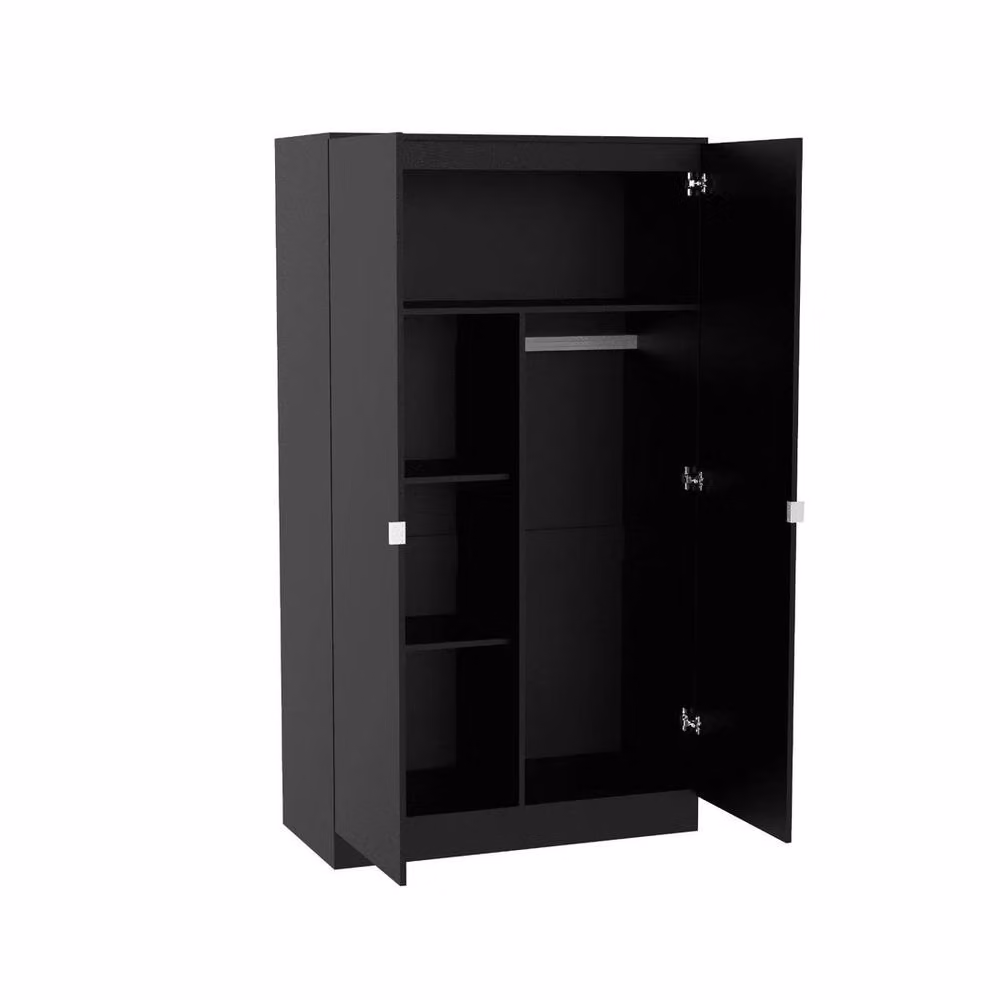 FLAVORA Black Modern 2-Door Wooden Bedroom Storage Wardrobe with Internal Shelves – 2