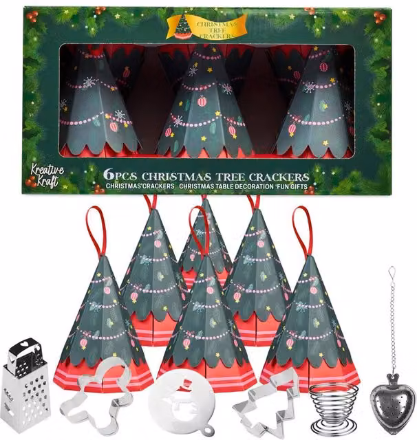 KreativeKraft Tree Shaped Christmas Crackers, Pack of 6, Green and Multicolour Party Decor – 7