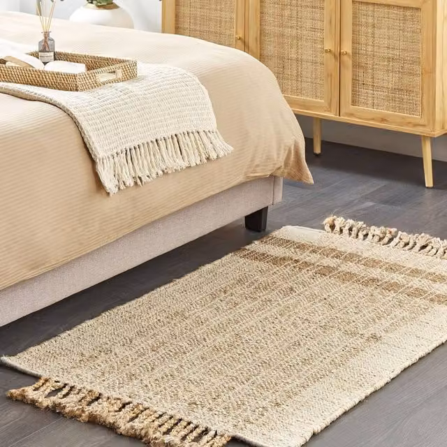 Wyld and Coco Handwoven Jute and Cotton Geometric Area Rug in Beige with Fringes, W/L: 80 x 150 cm – 1