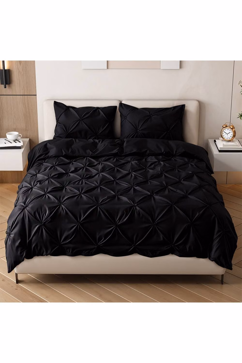 Living and Home Textured Pinch Pleat 3 Piece Duvet Cover and Pillowcase Set in Black, W: 180 cm, L: 200 cm – 2