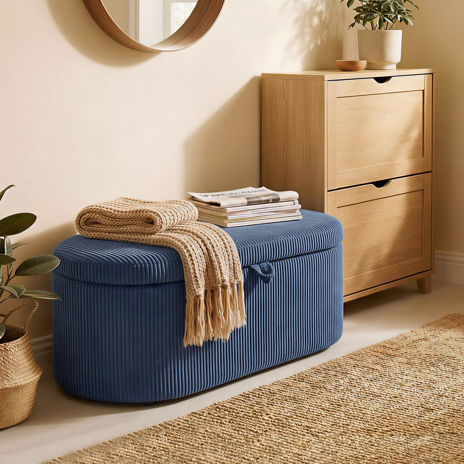 HOMCOM Corduroy Upholstered Storage Ottoman in Blue, W/D/H: 105 x 51 x 49 cm – 9