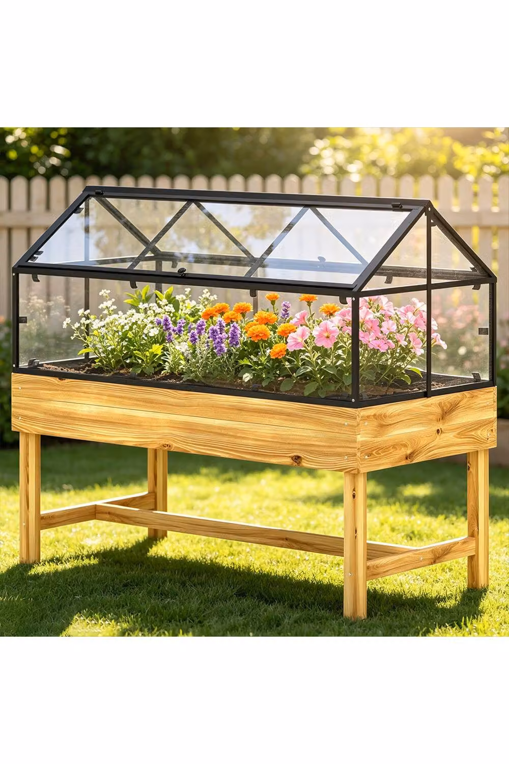 ERGOVEXA Raised Garden Bed with Wooden Base and Polycarbonate Flip Top in Brown, W/D/H: 120 x 60 x 103 cm – 2