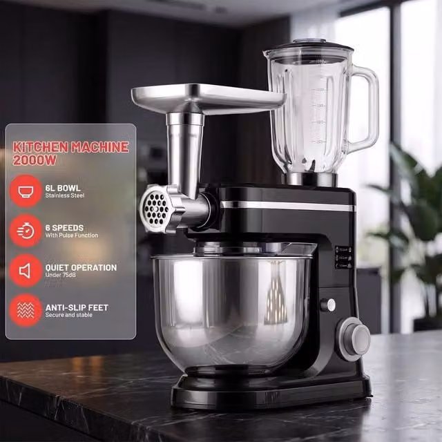 EONLION 3-in-1 Stand Mixer and Food Processor with 2000W Motor and 6L Bowl in Black