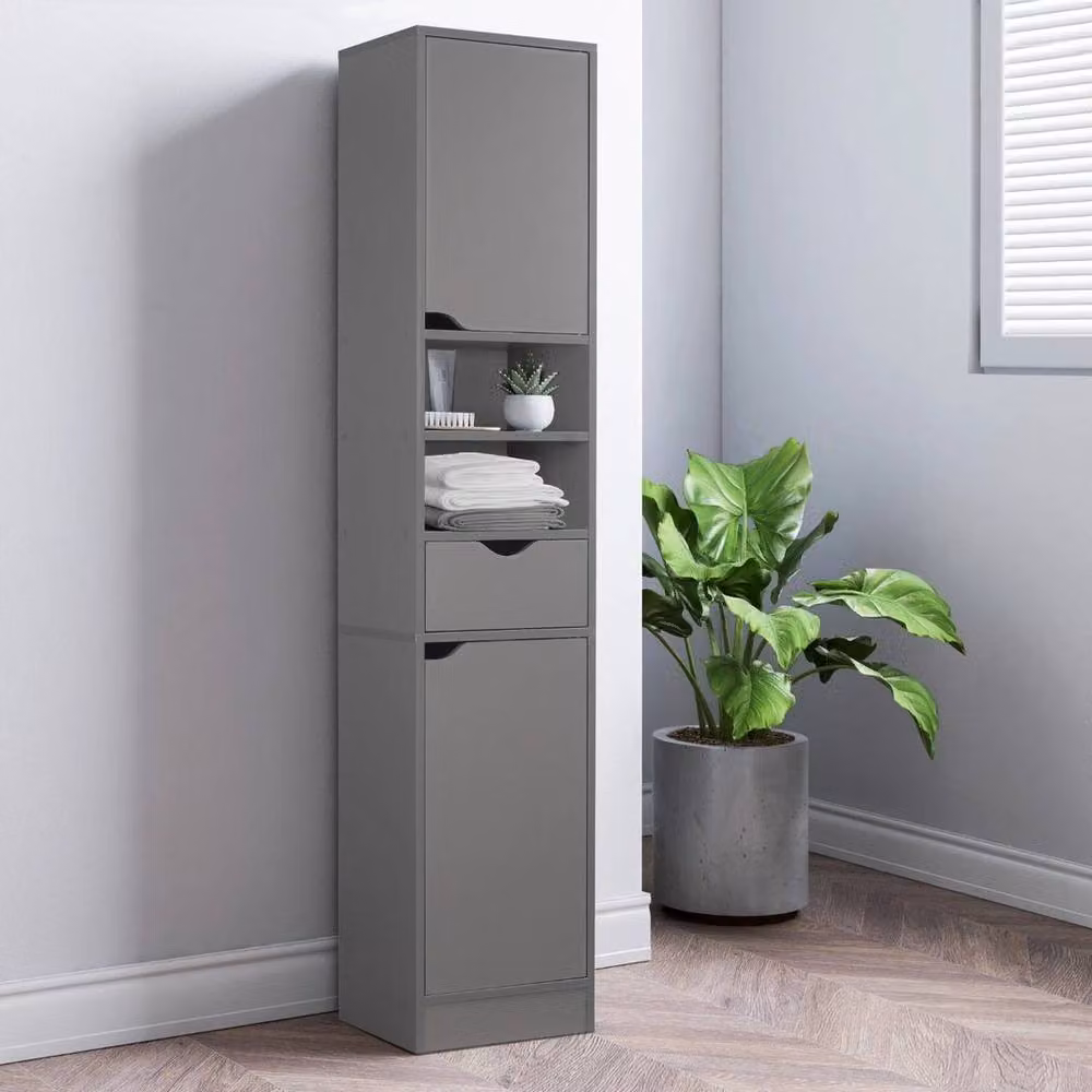 FORGEVIO Grey Wooden Tall Bathroom Cabinet with 2 Doors, 1 Drawer and Internal Shelves – 2