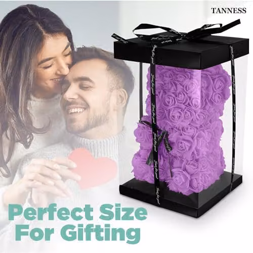 Tanness Purple Artificial Rose Bear with Transparent Gift Box and Black Ribbon, 25 cm – 6