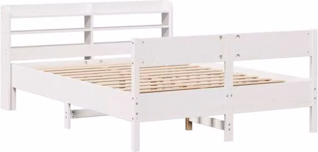 Berkfield Home White Solid Pine Decorative Bed Frame with Bedside Shelf, W/D/H: 140 x 190 x 82 cm