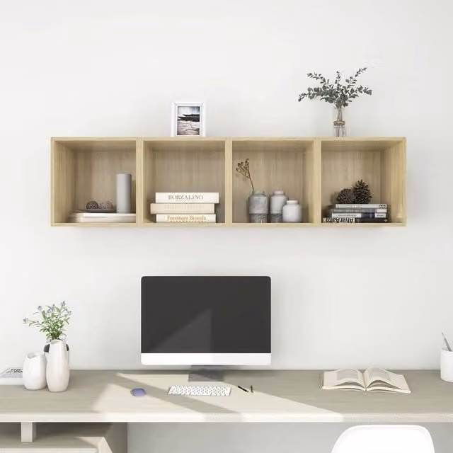 Berkfield Home Set of 4 Wall Mounted Cube Cabinets in Sonoma Oak, Brown, W/D/H: 37 x 37 x 37 cm