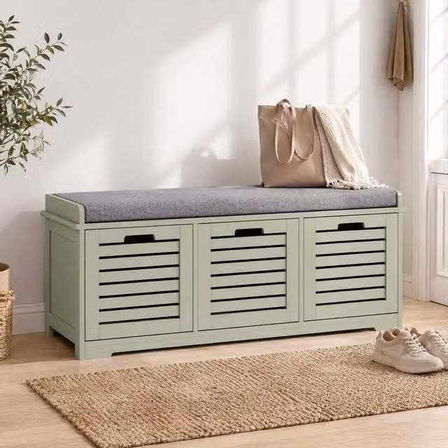 STILVORA Shoe Storage Bench with Drawers and Seat in Green Fabric – 1